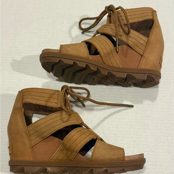 SOREL Joanie II Lace Wedge Sandals Brown Leather Size 8.5 - Picture 2 of 6